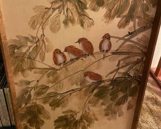 Vintage "Five Wrens" in Beige silk with a walnut frame. 