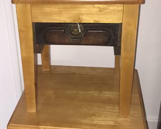 From top:
Hand-crafted lamb in terrycloth and muslin;
Fan-shaped book about fans;
Wood train engine;
Table with repurposed drawer;
End table; and
A wood footstool. 