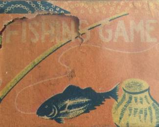 This miniature fishing game is the size of a matchbox. Inside, a tiny fishing pole and cardboard mini fish mingle.