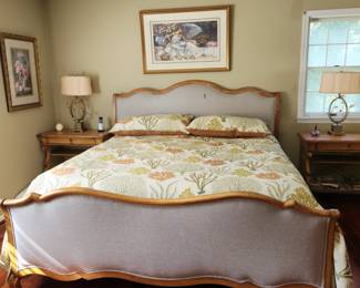 King Drexel Heritage bed, padded head/footboards, 2 night stands, large dresser. (staging pieces)