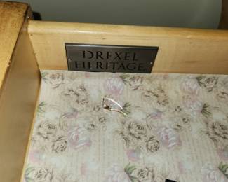 King Drexel Heritage bed, padded head/footboards, 2 night stands, large dresser. (staging pieces)