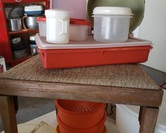 Tupperware, antique folding chair