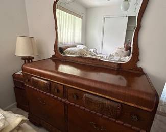 Antique Waterfall-style dresser, headboard and frame, and nightstand.  Excellent condition!