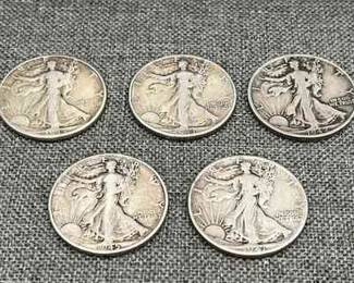 (5) Walking Liberty Half Dollars 1941 - 1945
