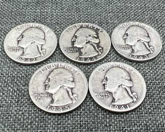 (5) Silver Washington Quarters Coins 1941 - 1945
