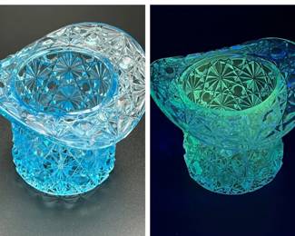 Daisy & Buttons Vaseline Glass Toothpick Top Hat Trinket Dish - UV Reactive!
Shown glowing under our UV Beast 365nm black light flashlight