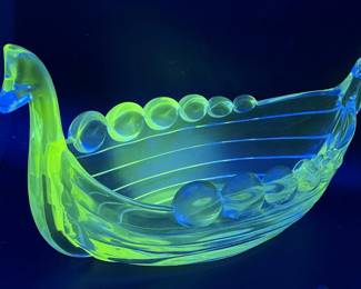 Duncan Miller Glowing Vaseline Glass Viking Ship
