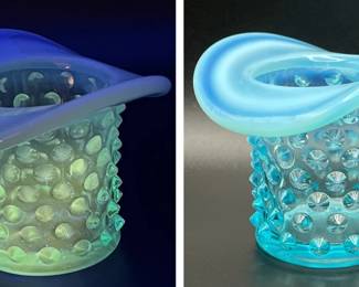 Fenton Art Glass Hobnail Blue Opalescent Top Hat Toothpick Holder - UV Reactive