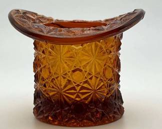Fenton Colonial Amber Daisy & Button Glass Toothpick Top Hat Vase / Trinket Dish
