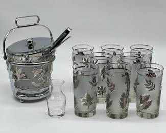 Libbey Silver Leaf Frosted Icebox, (8) Highball Glasses, Swizzle Stick, Decanter

