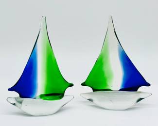 Pair Of Murano Style Blown Art Glass Sailboats
