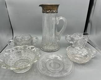 Vintage Glass Lot Feat. Sterling Silver Rimmed Pitcher

