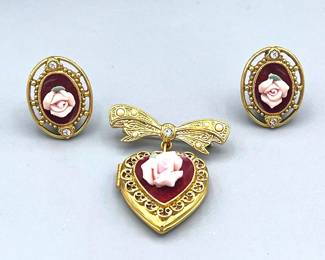 Vintage Photo Locket Brooch & Earrings Gold Tone Bow With Dangle Heart
