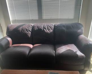 BROWN LEATHER SOFA AND MATCHING CHAIR AND OTTOMAN