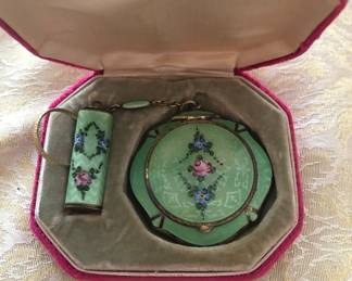 ANTIQUE COMPACT AND LIPSTICK IN ENAMEL