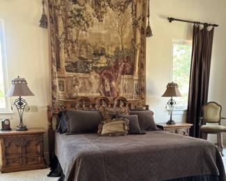 KING Size Bed w/soft  town Bedding Good Denver Mattress …King Headboard …Very large Wall Modern Period Quality Tapestry w/heavy Tassels 