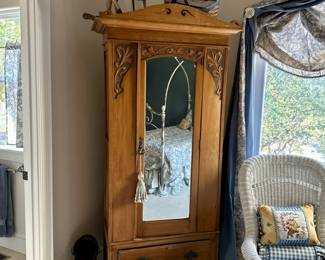 Desirable Size Antique Wardrobe Tall/Narrower w/drawer Good beveled Mirror