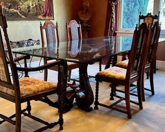 Gorgeous Quality Dining Room Table Dual Pedestal Heavy Glass Top 4x8’ Wow ! Chairs  (6) are Cane Back, Nice Condition 
