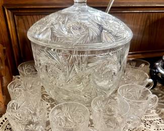 Gorgeous Cut Crystal Punch Bowl w/cups