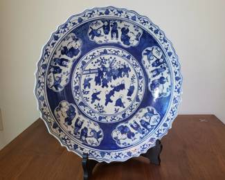 Antique Japanese Blue White Ceramic Bowl 16" on Stand