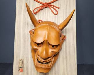 Vtg Japanese Hannya Carved Wood Mask - Signature Engraved on Back