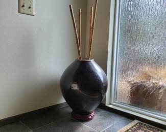 Large Vintage Ceramic Martaban Vase With Bamboo Stalks
