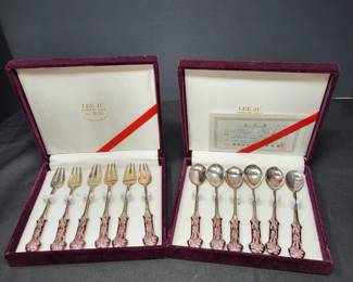 Sterling Silver & Cloisonne Spoon & Fork, Boxed Sets (285gr)