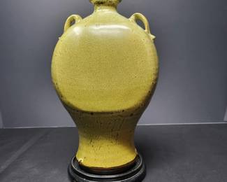 	Antique Sage Glazed Pottery Vase with Handles, Wood Base