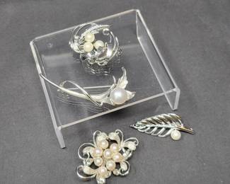 Four Vintage Sterling Silver and Genuine Pearl Pins Leaf Designs