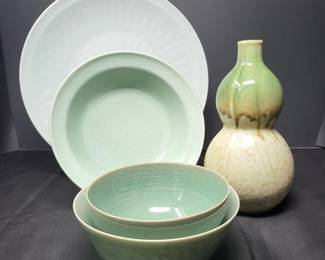 Light Sage Bowls, Plate and Earthy Tones Vase - Celadon