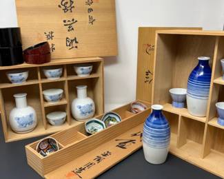 Porcelain Saki Pourers & Cups in Wooden Boxes