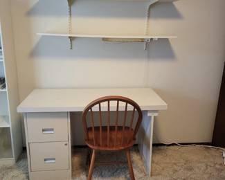 Two-Drawer File Cabinet/Wood Desk Top, Teak Chair & 2 Wall Shelves