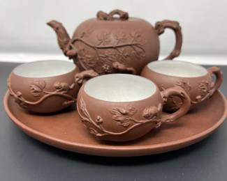 Mid Century Clay Teapot & Cups -Marked