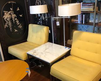 pair of parallel bar series chairs and antique Japanese screen