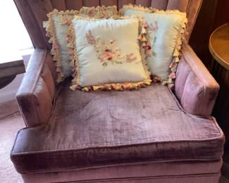 Pair of velvet channel back swivel chairs