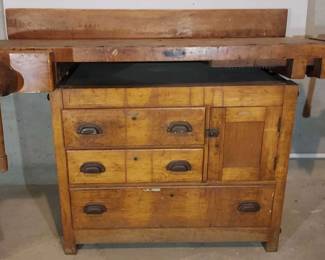  006 C. Christiansen Antique Workbench Cabinet With Vices 