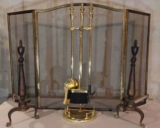 Fireplace Screen, Andirons, And Tool Set