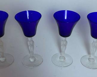 Four Vintage Cobalt Blue Nude Stem Wine Glasses 