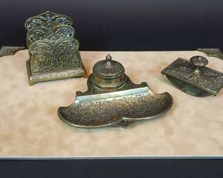 Jennings Brothers Antique Brass Desk Organizer And Ink Well 