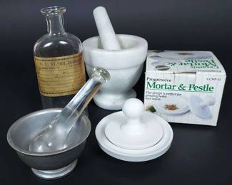 Mortar Pestle with Vintage Pharmacist Bottle 