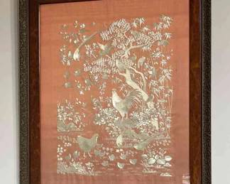 Silk Embroidered Scene Of Hen, Rooster And Chicks