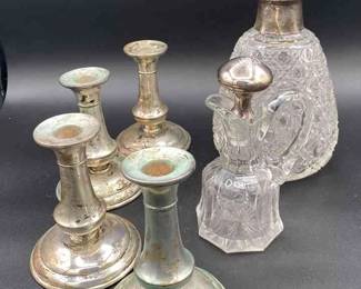 Sterling And Glass Decanters And Weighted Candle Holders 