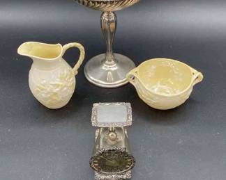 Sterling Compote, Scale, And Belleek Cream And Sugar