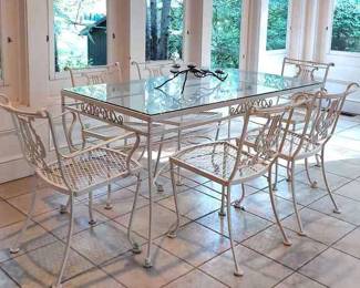White Wrought Iron Patio Dining Table With Six Lyre Back Chairs
