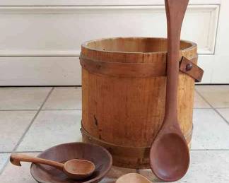 Wooden Firkin Bucket With Wood Utensils