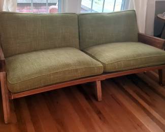 Mid Century Oak Framed Sofa With Removable Cushions, 73" x 34" x 30"