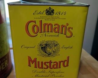 Vintage Tin Canisters Including Calumet Baking Powder, Colman's Mustard, Nabisco Premium Crackers, And More, Total Qty 5