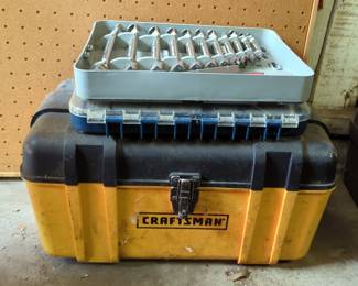 Hand Tools Including Craftsman 11 Piece Combination Wrench Set, Ryobi Drill Bits, And Craftsman Tool Box With Removal Tray, Contents Include Stapler, Crescent Wrench, And More