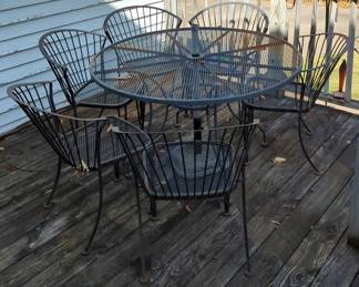 Vintage Metal Patio Table 29" x 48" Diameter , 6 Round Back Matching Chairs And 1800 Patio Umbrella With Stand, And Metal Framed Side Table With Non Matching Stone Top, 21.5" x 31" x 25.5"