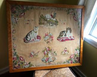 Framed Antique Sampler - Dog & Cat